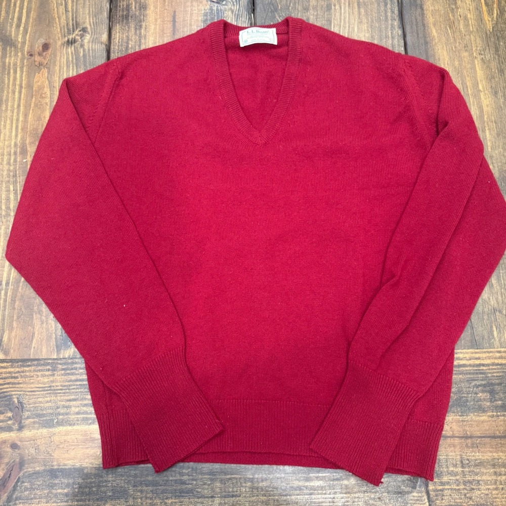 LL Bean Mens V-Neck Sweater Red Cashmere Lambswool Blend Vintage Made in USA L